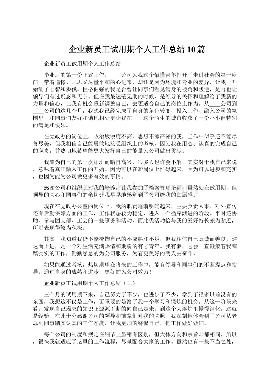 企业新员工试用期个人工作总结10篇.docx