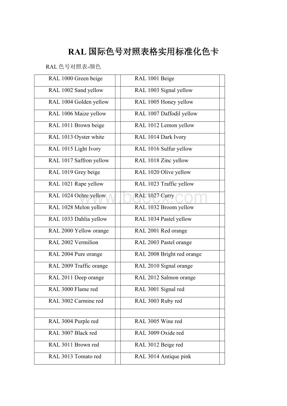 RAL国际色号对照表格实用标准化色卡Word文档下载推荐.docx_第1页