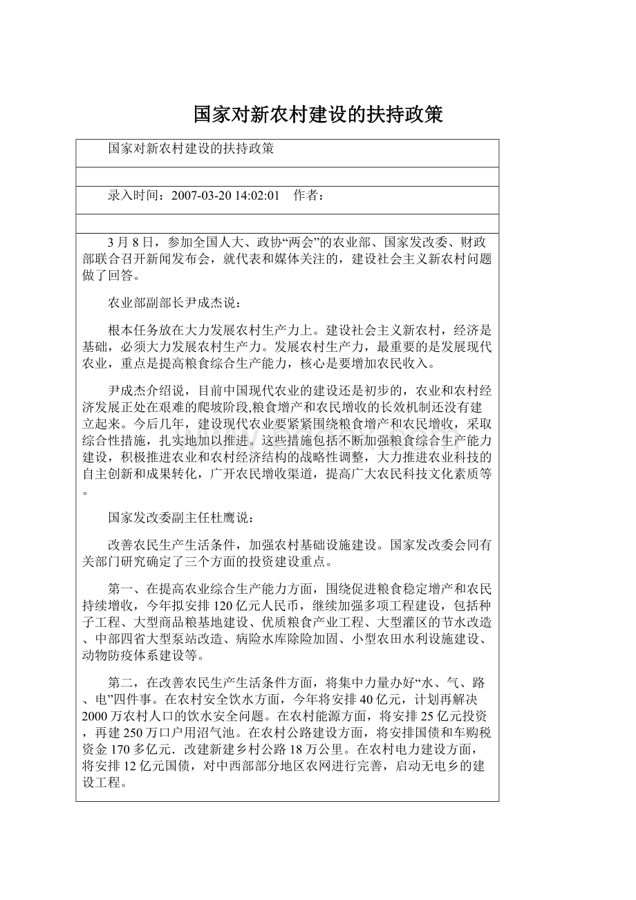 国家对新农村建设的扶持政策.docx_第1页