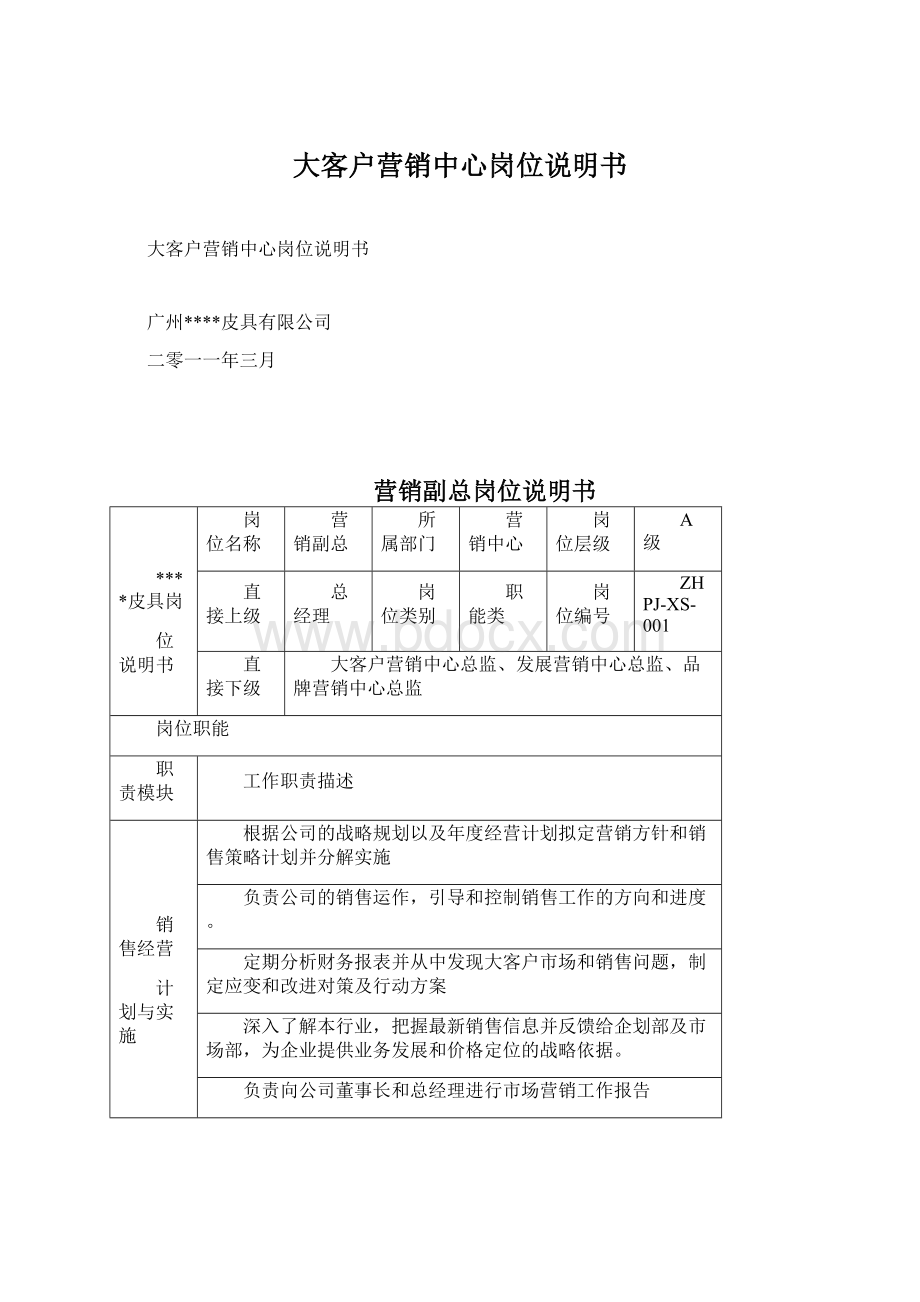 大客户营销中心岗位说明书Word格式.docx