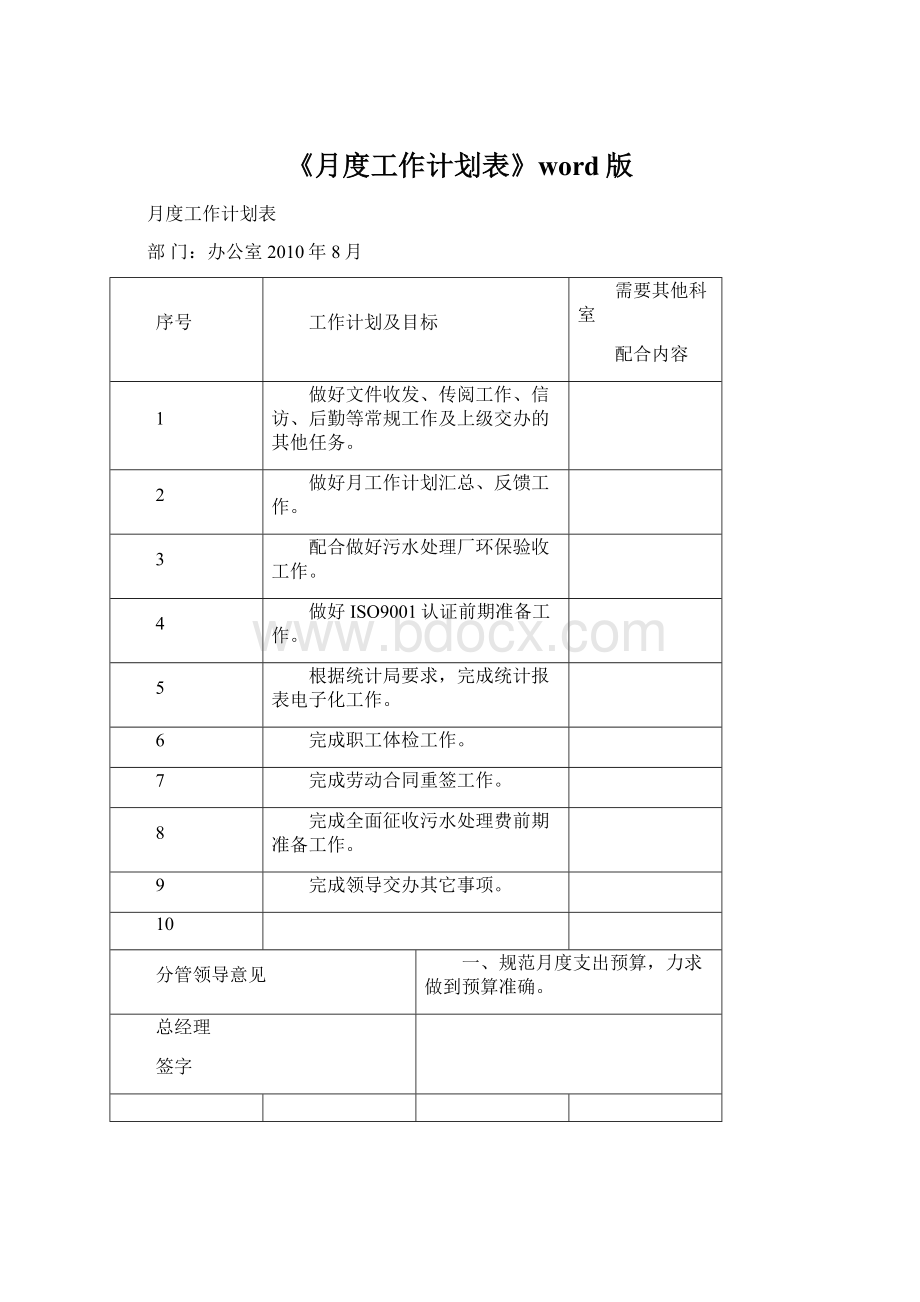 《月度工作计划表》word版Word文档格式.docx