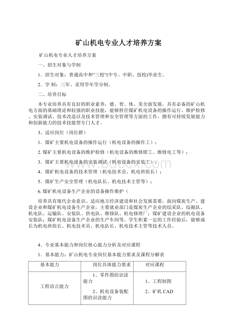 矿山机电专业人才培养方案Word下载.docx