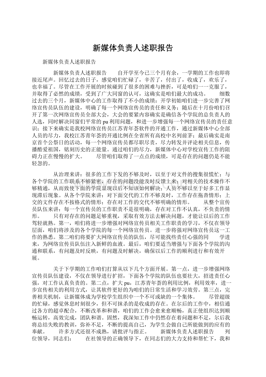 新媒体负责人述职报告文档格式.docx