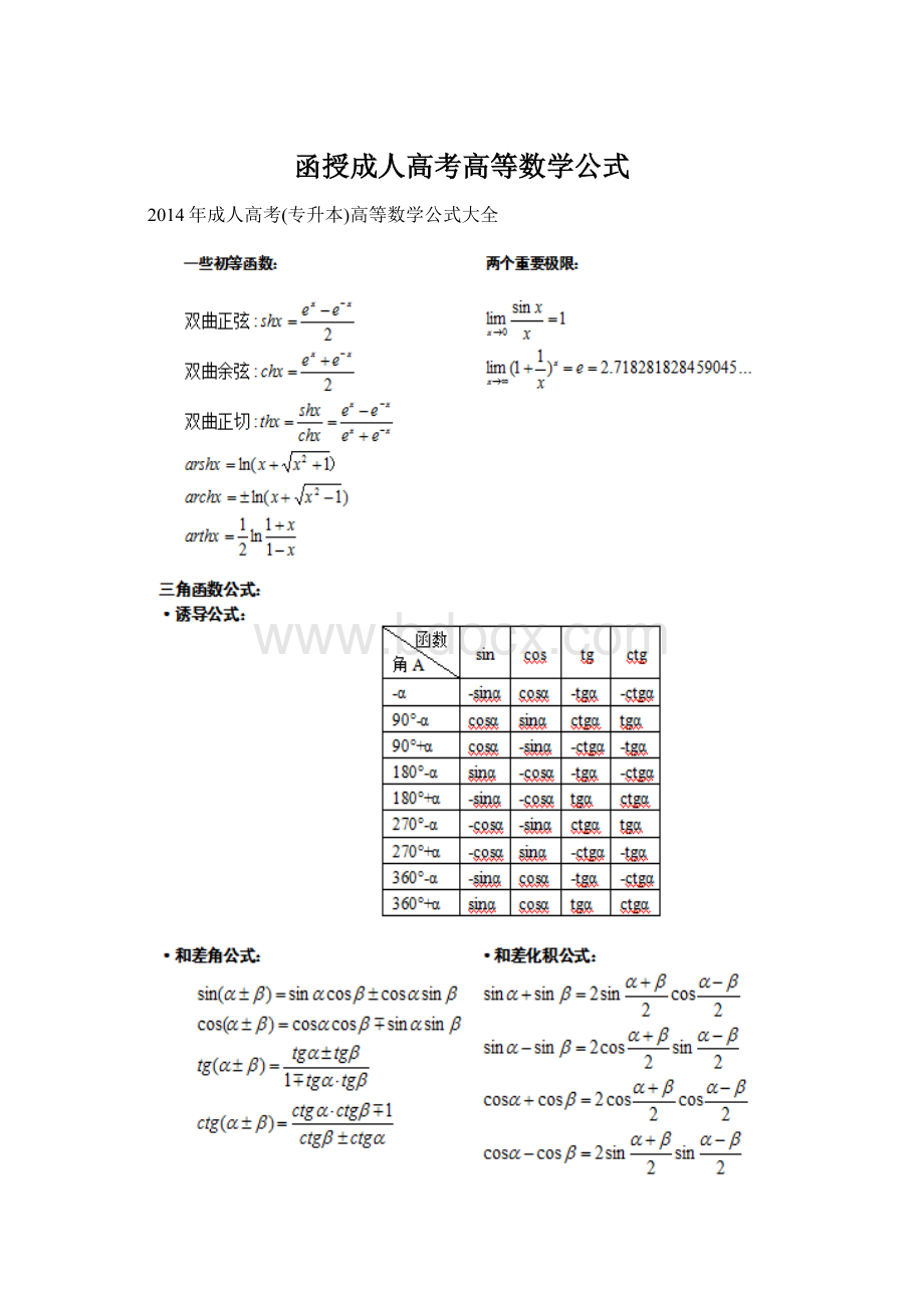 函授成人高考高等数学公式Word文档格式.docx