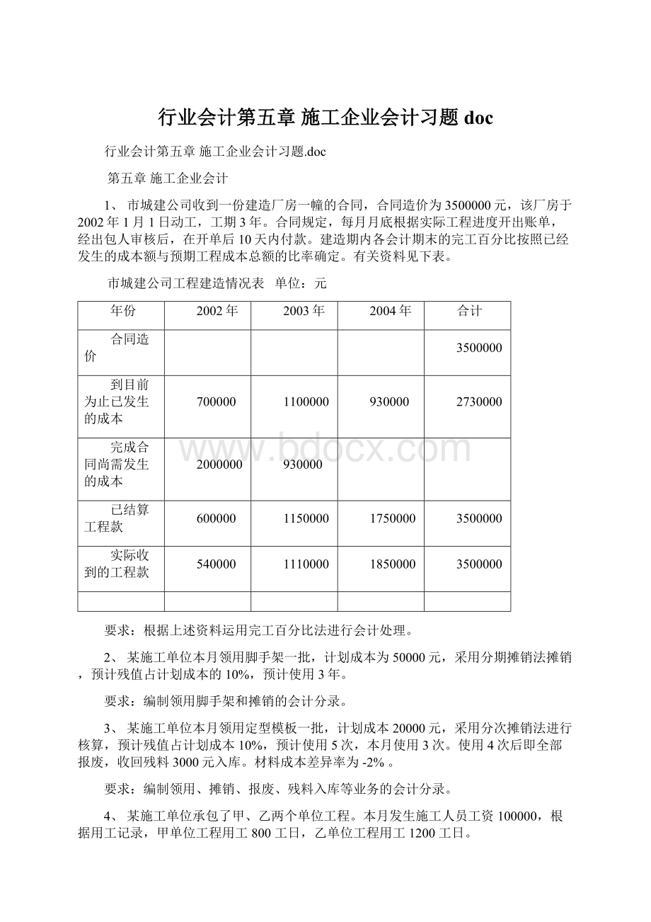 行业会计第五章 施工企业会计习题docWord文档格式.docx_第1页