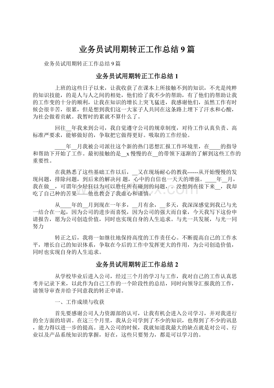 业务员试用期转正工作总结9篇.docx_第1页