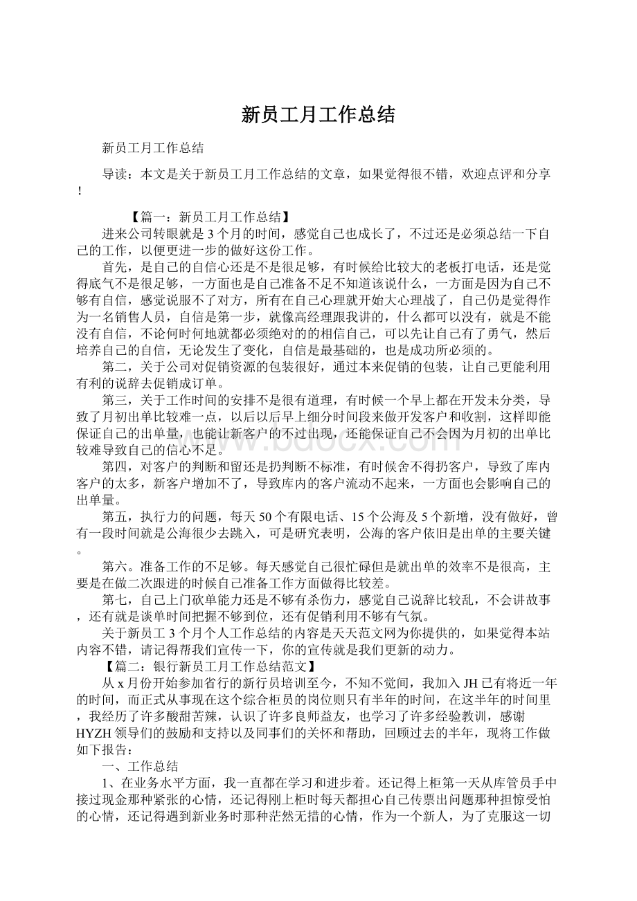 新员工月工作总结文档格式.docx