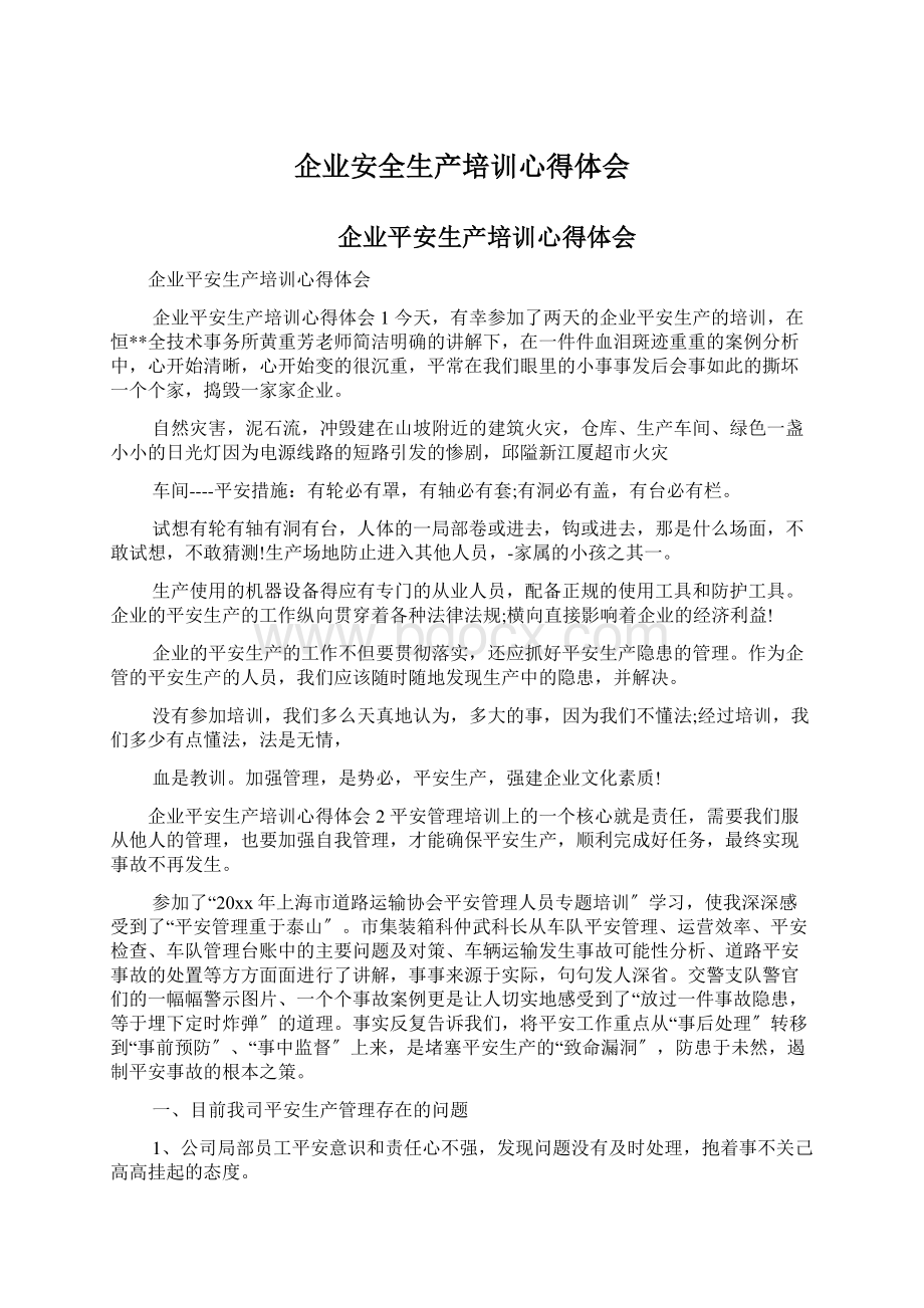 企业安全生产培训心得体会Word格式文档下载.docx