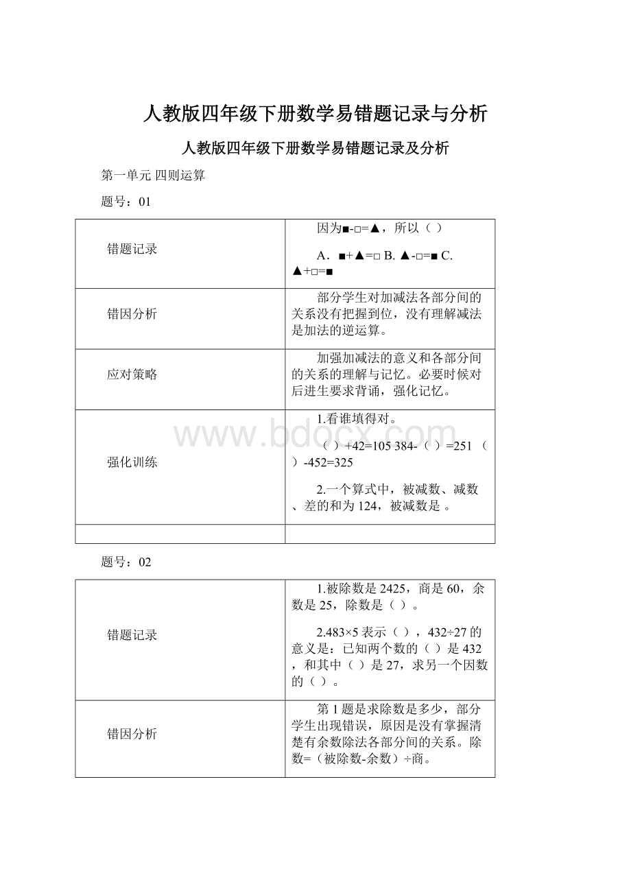 人教版四年级下册数学易错题记录与分析.docx_第1页