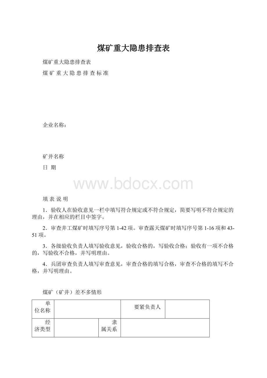 煤矿重大隐患排查表Word下载.docx_第1页