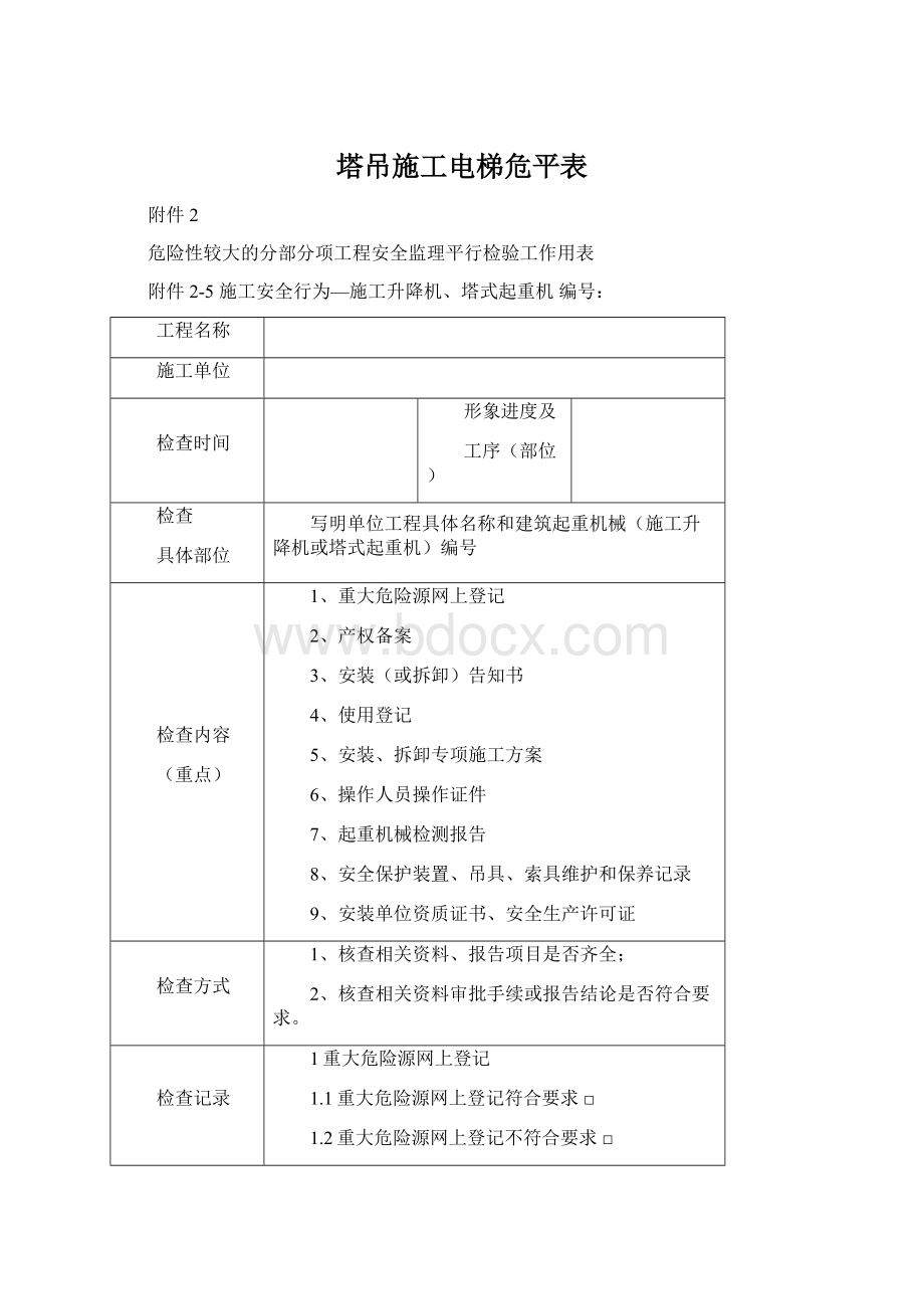 塔吊施工电梯危平表Word格式.docx