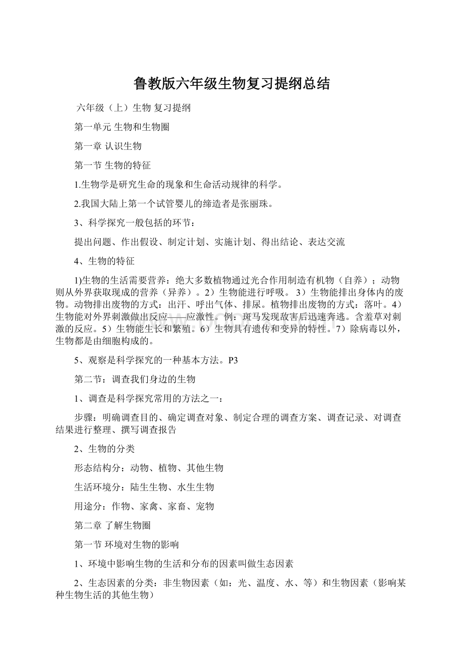 鲁教版六年级生物复习提纲总结Word格式文档下载.docx