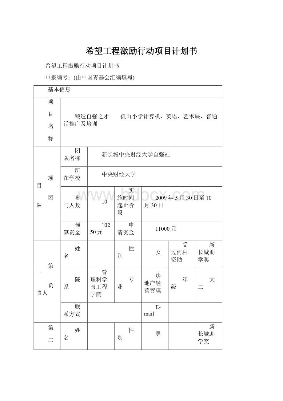 希望工程激励行动项目计划书Word格式.docx_第1页