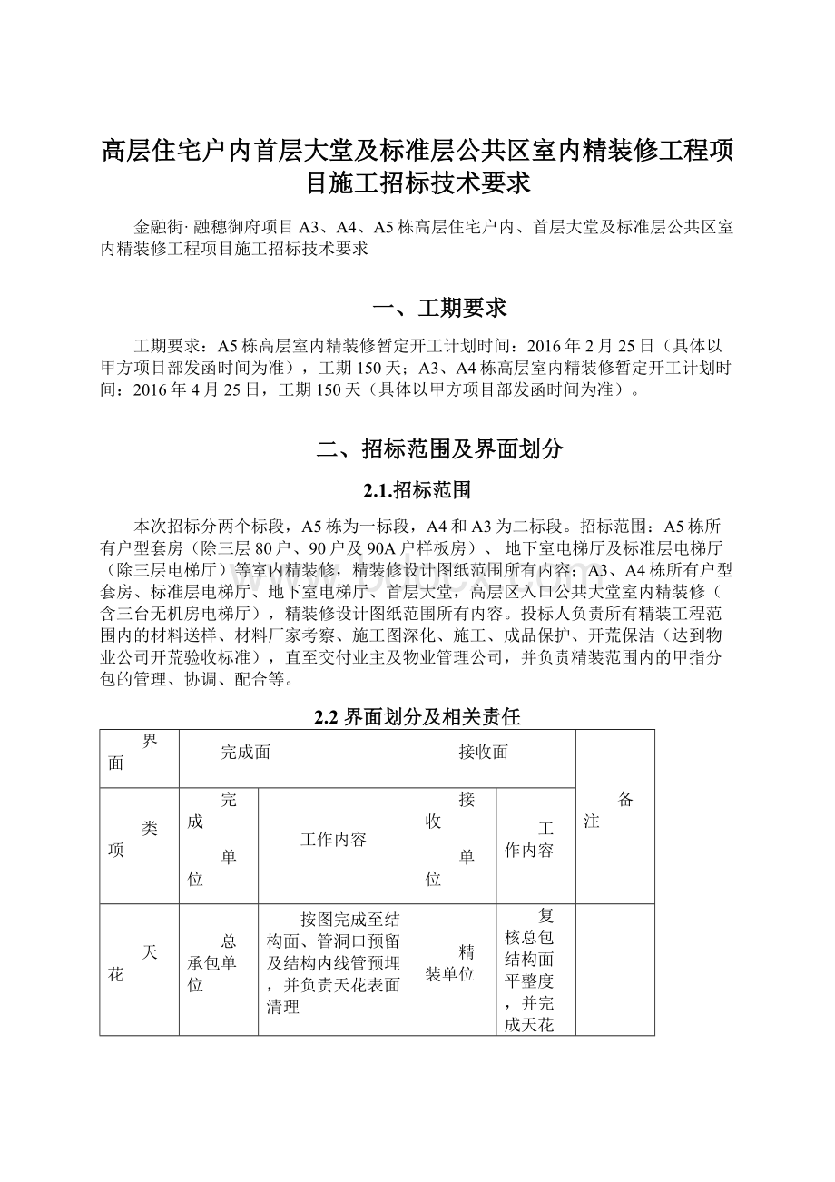 高层住宅户内首层大堂及标准层公共区室内精装修工程项目施工招标技术要求.docx