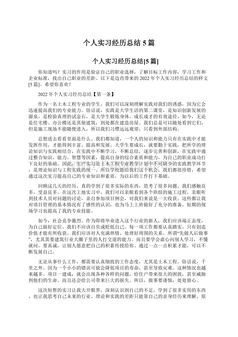 个人实习经历总结5篇Word格式文档下载.docx_第1页