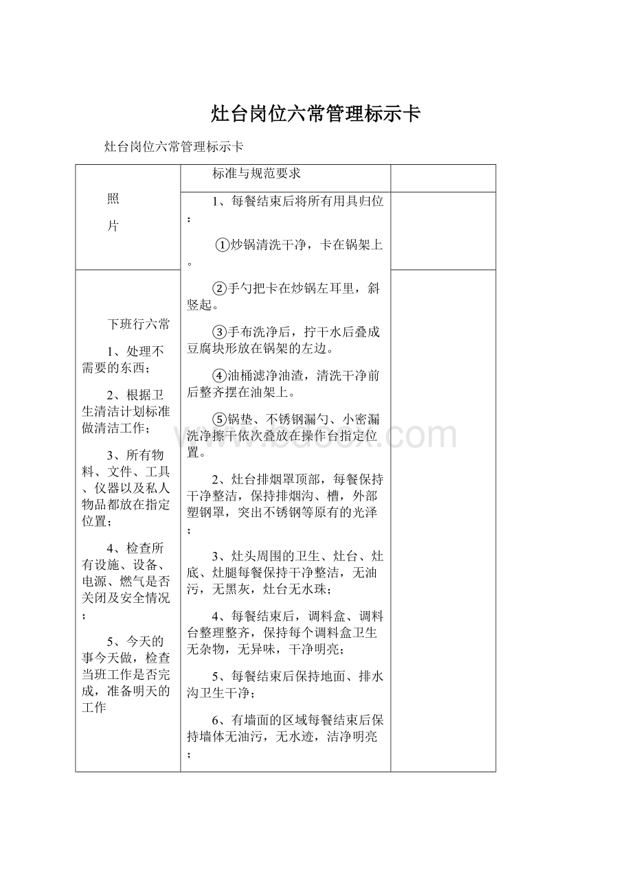 灶台岗位六常管理标示卡Word格式文档下载.docx