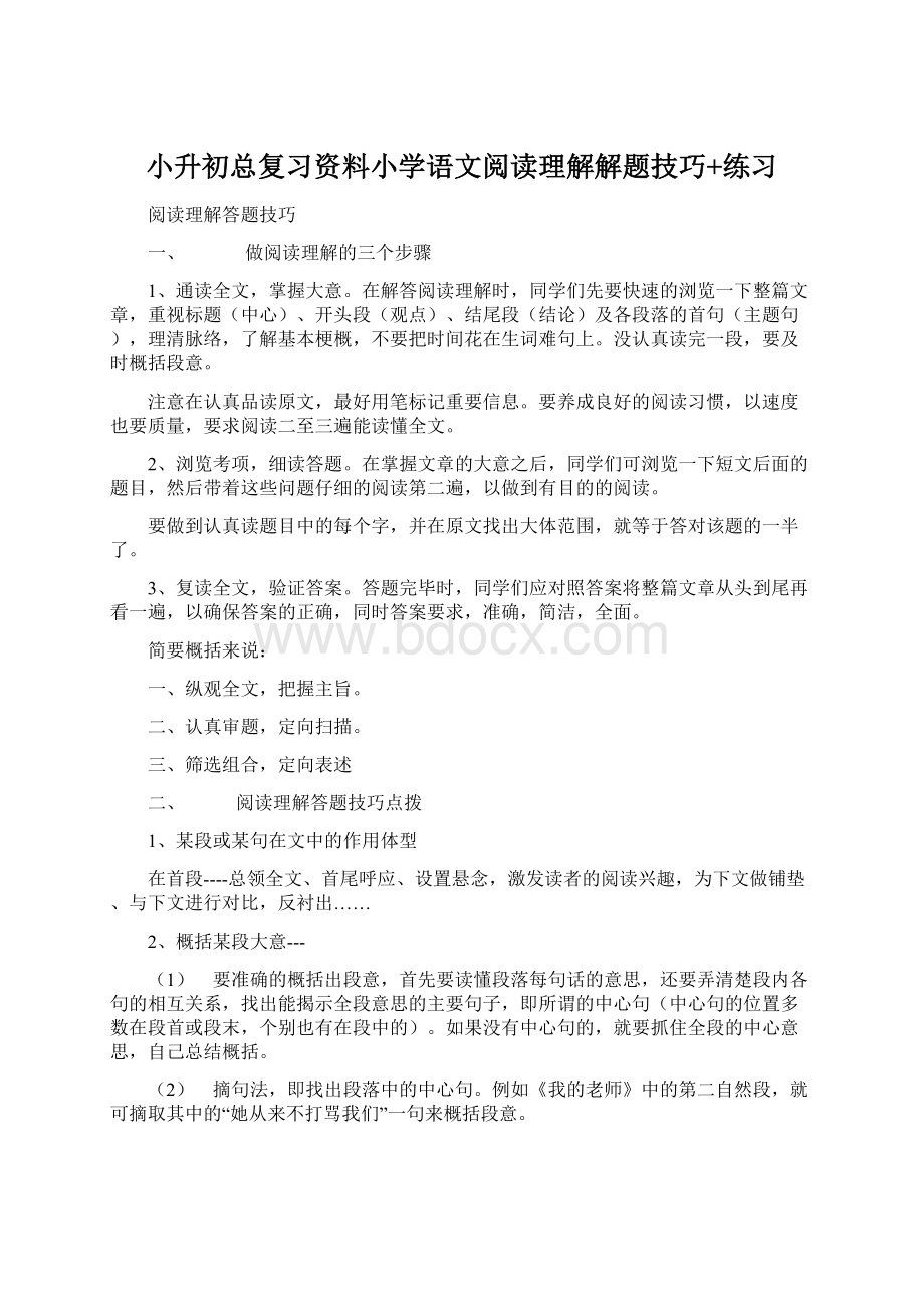 小升初总复习资料小学语文阅读理解解题技巧+练习.docx_第1页