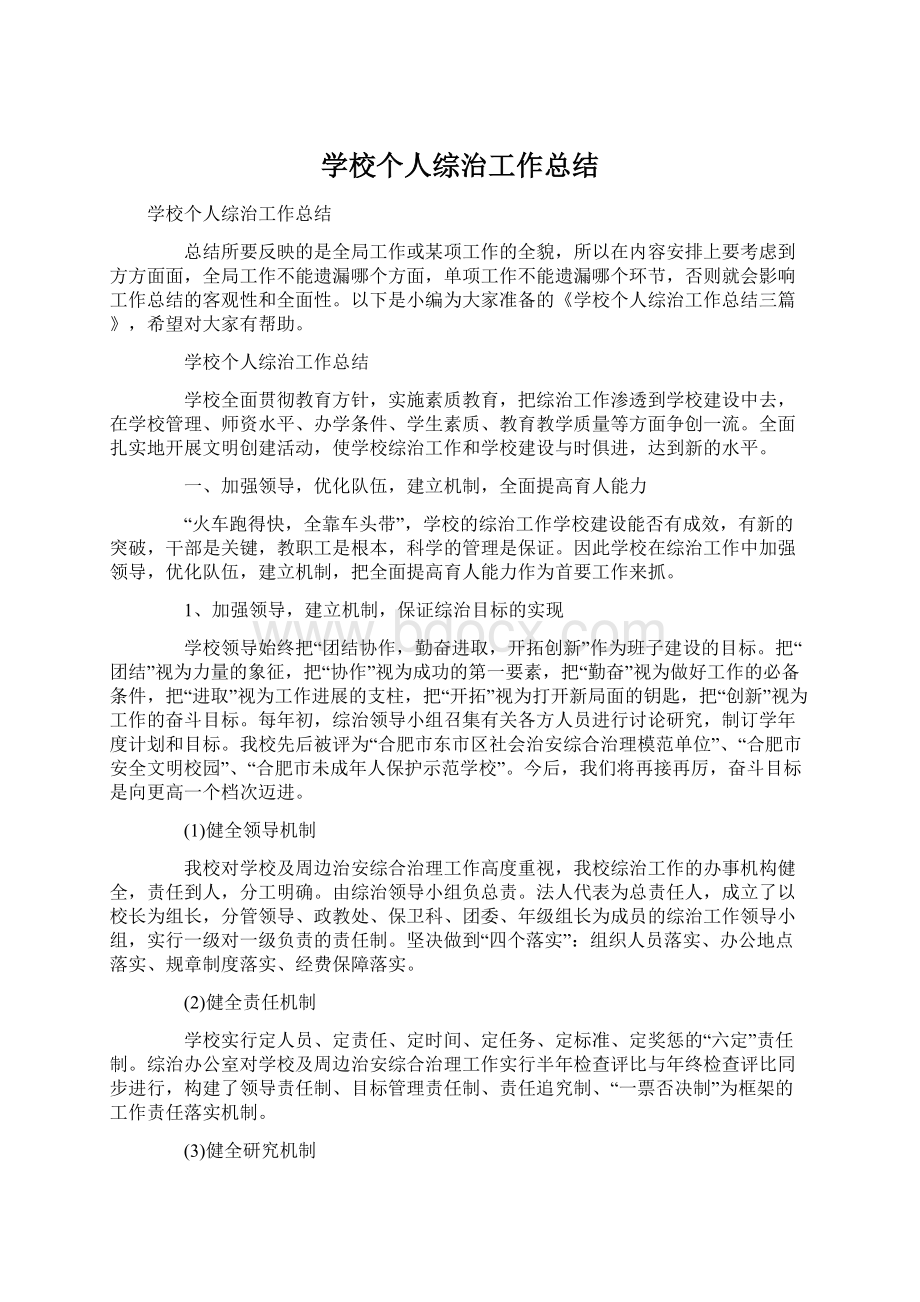 学校个人综治工作总结Word文档下载推荐.docx