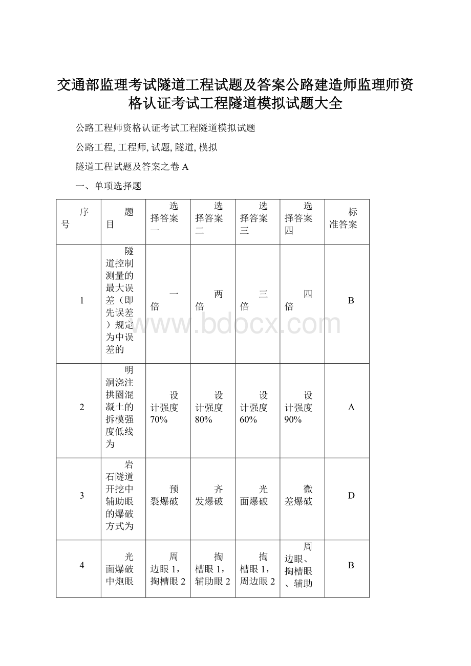 交通部监理考试隧道工程试题及答案公路建造师监理师资格认证考试工程隧道模拟试题大全.docx