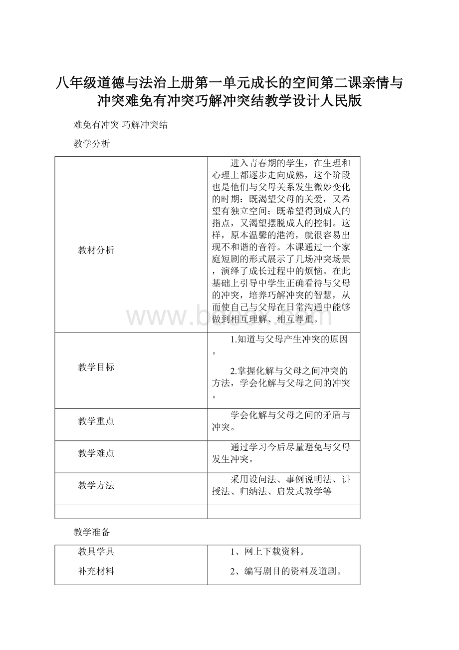 八年级道德与法治上册第一单元成长的空间第二课亲情与冲突难免有冲突巧解冲突结教学设计人民版Word格式.docx