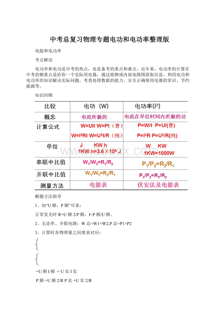 中考总复习物理专题电功和电功率整理版Word文件下载.docx