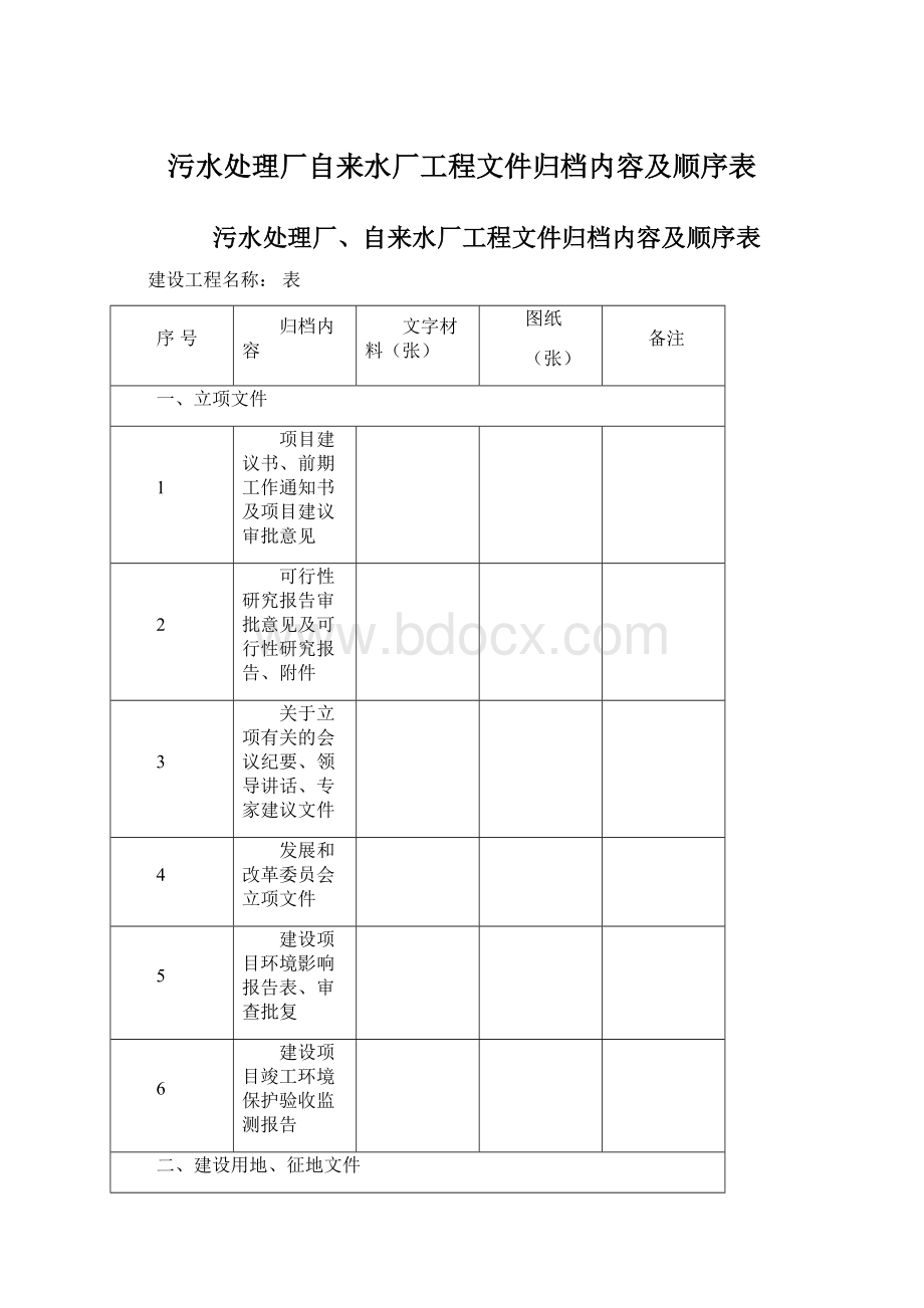 污水处理厂自来水厂工程文件归档内容及顺序表.docx