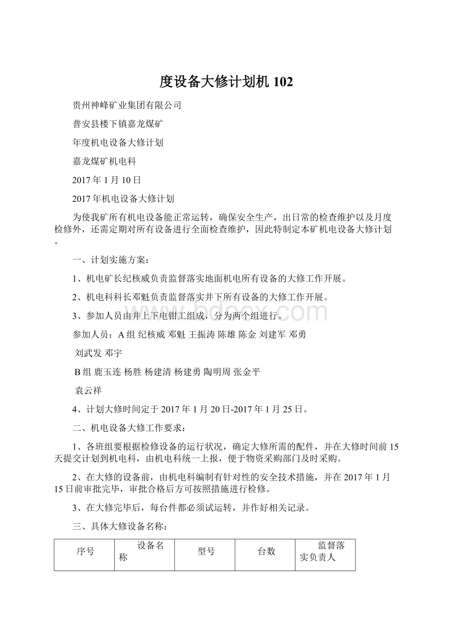 度设备大修计划机102Word文档格式.docx