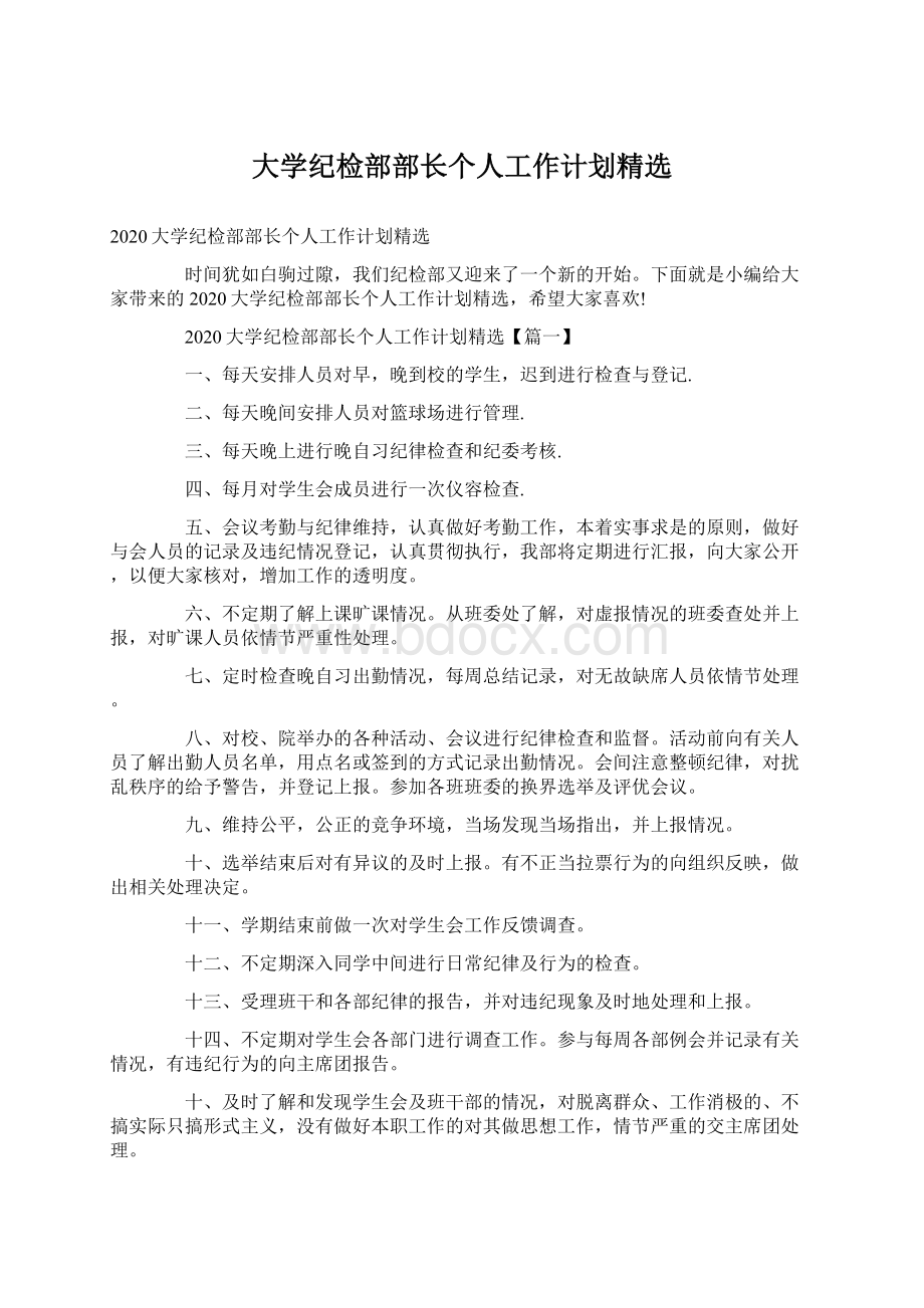 大学纪检部部长个人工作计划精选Word下载.docx