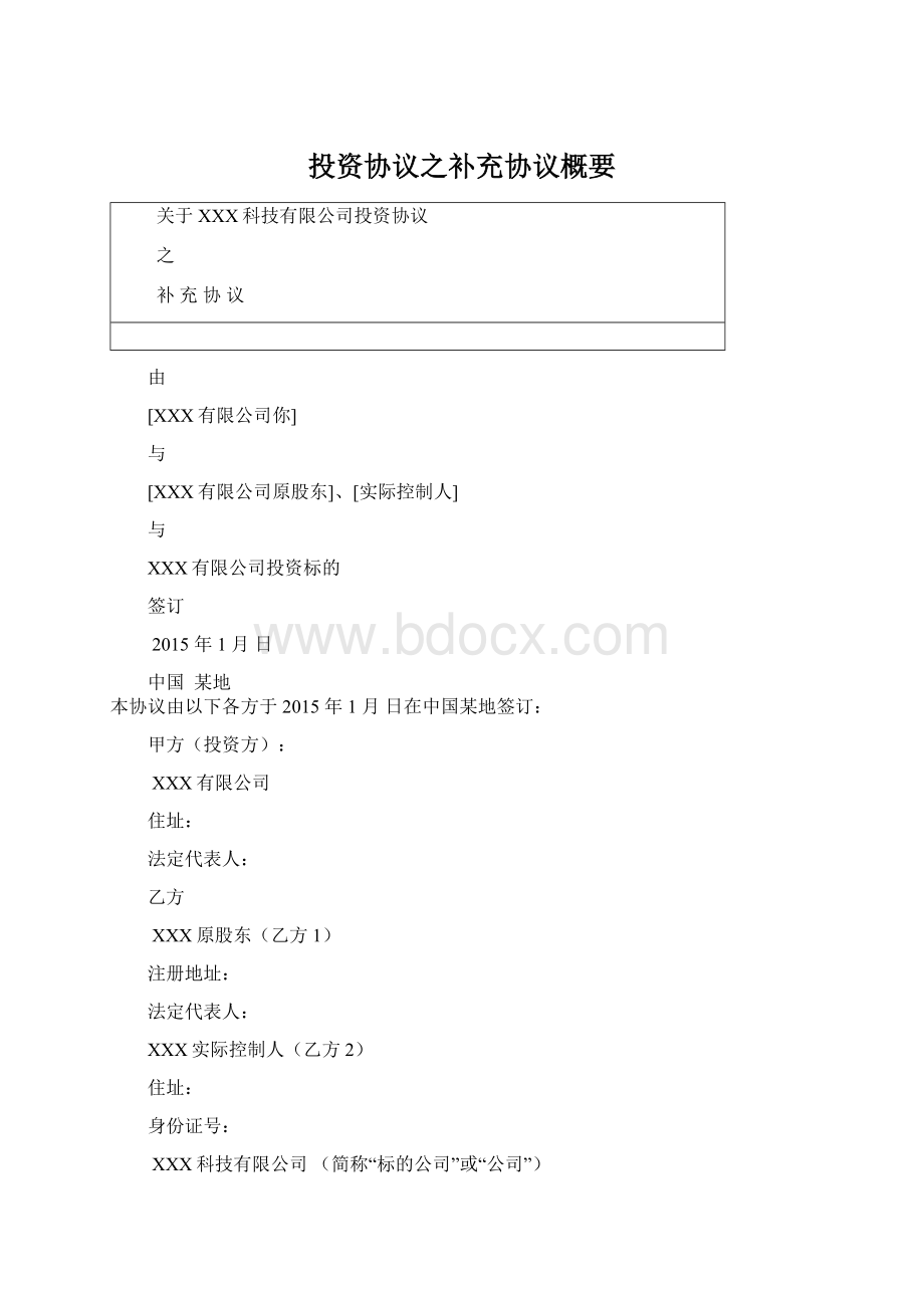 投资协议之补充协议概要Word格式.docx