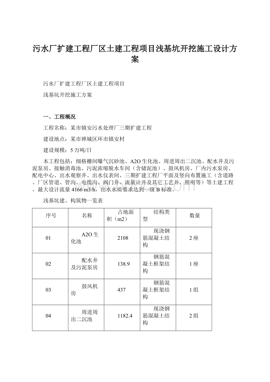 污水厂扩建工程厂区土建工程项目浅基坑开挖施工设计方案.docx_第1页