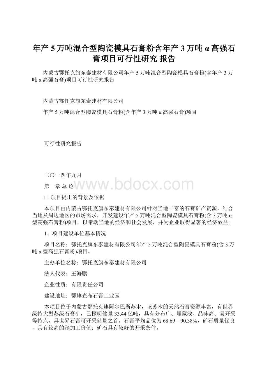 年产5万吨混合型陶瓷模具石膏粉含年产3万吨α高强石膏项目可行性研究 报告Word文件下载.docx