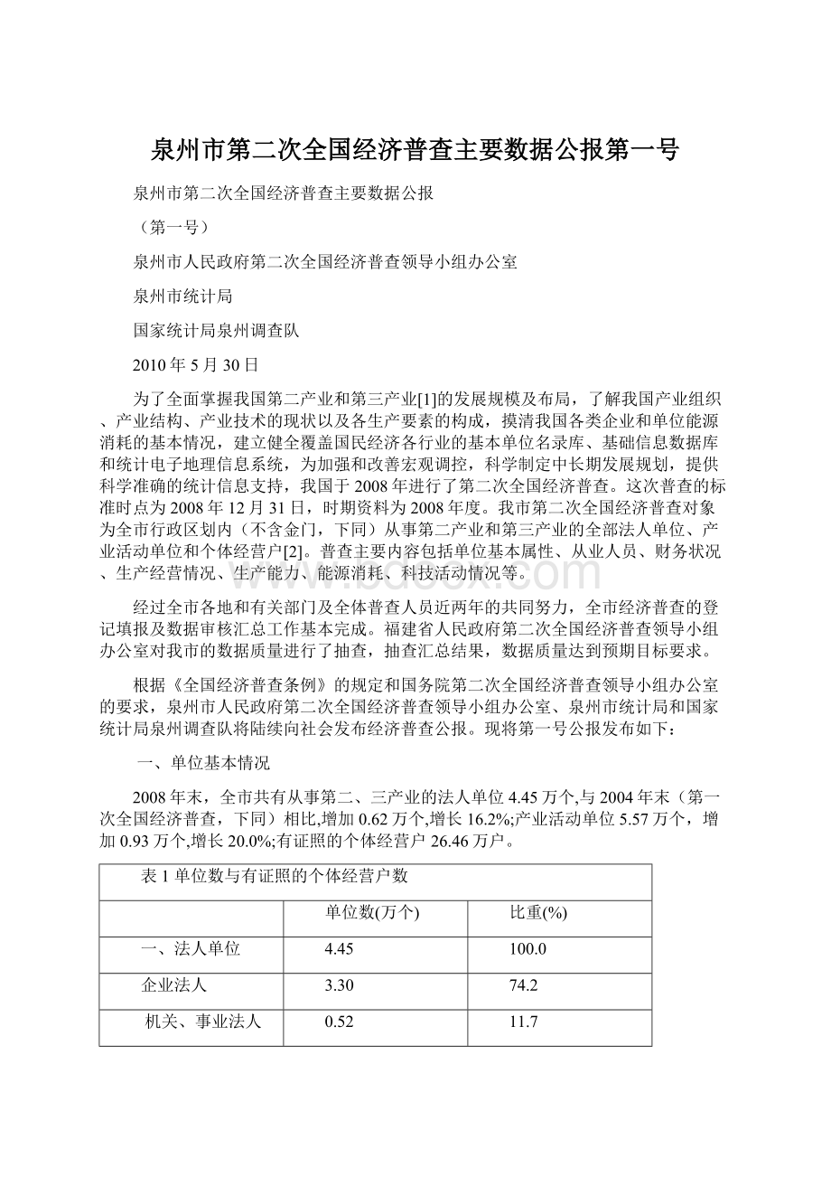 泉州市第二次全国经济普查主要数据公报第一号文档格式.docx_第1页