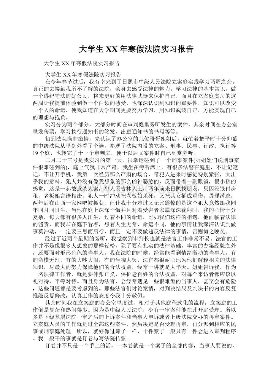 大学生XX年寒假法院实习报告文档格式.docx