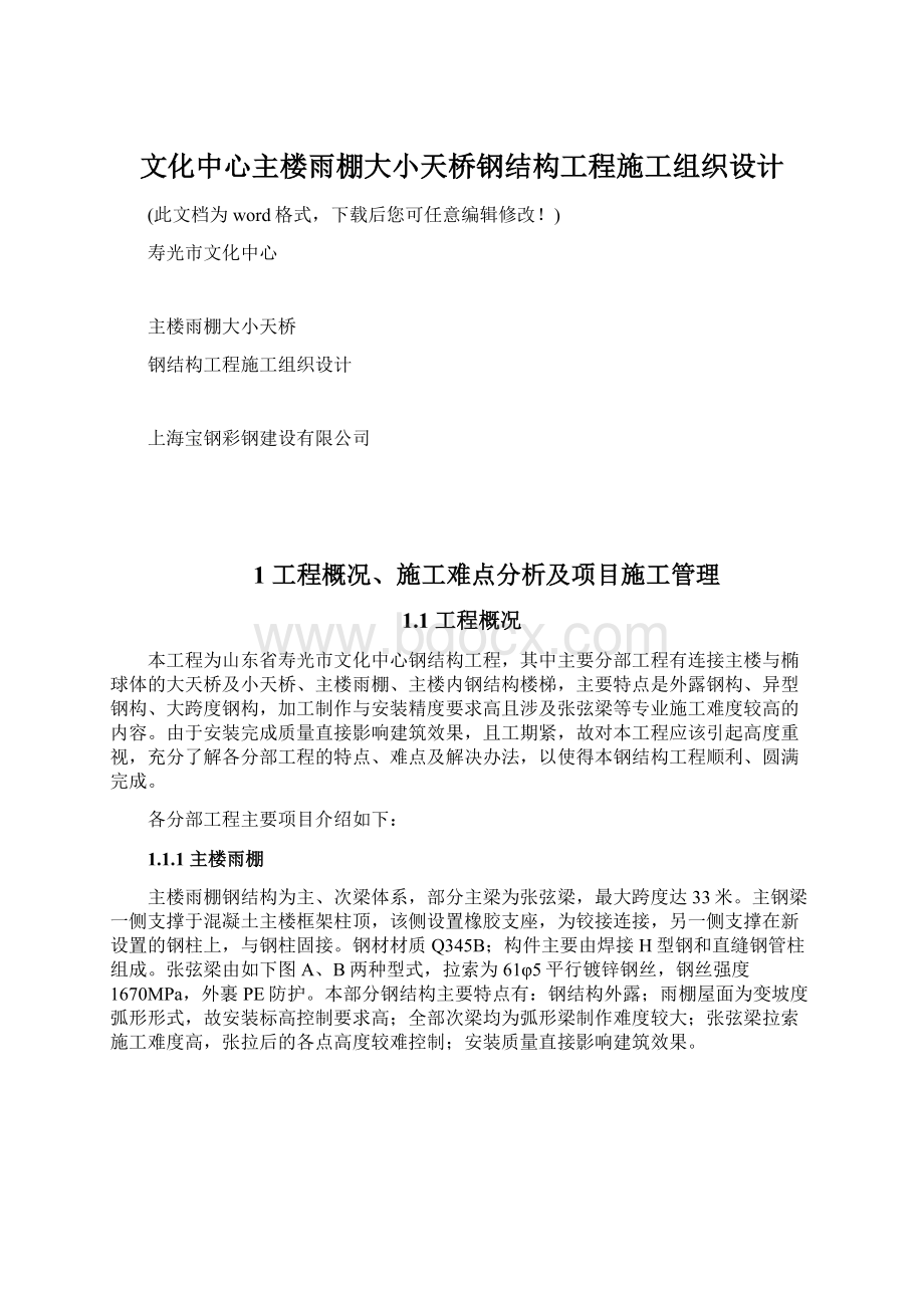 文化中心主楼雨棚大小天桥钢结构工程施工组织设计.docx_第1页