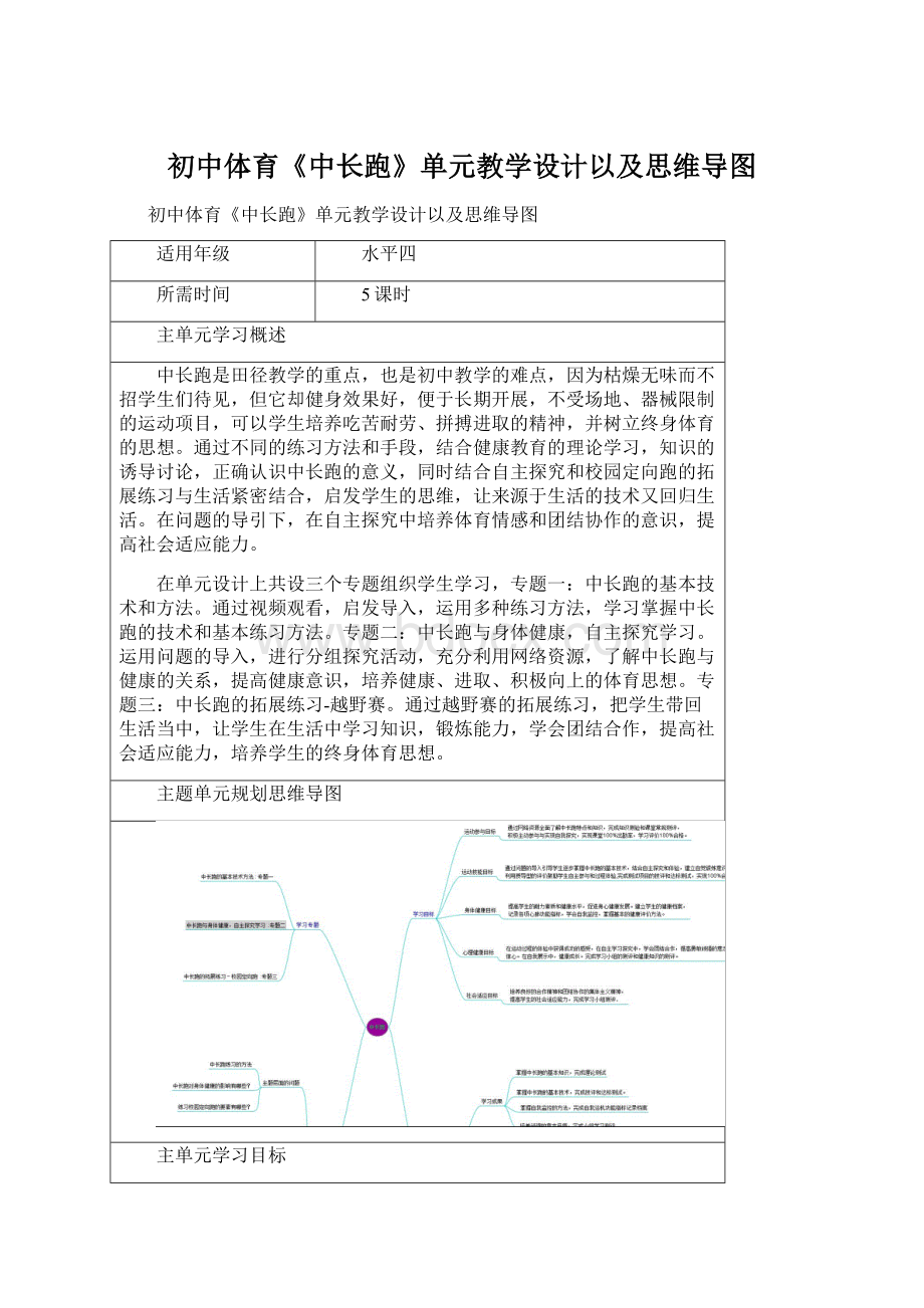 初中体育《中长跑》单元教学设计以及思维导图Word文档格式.docx_第1页