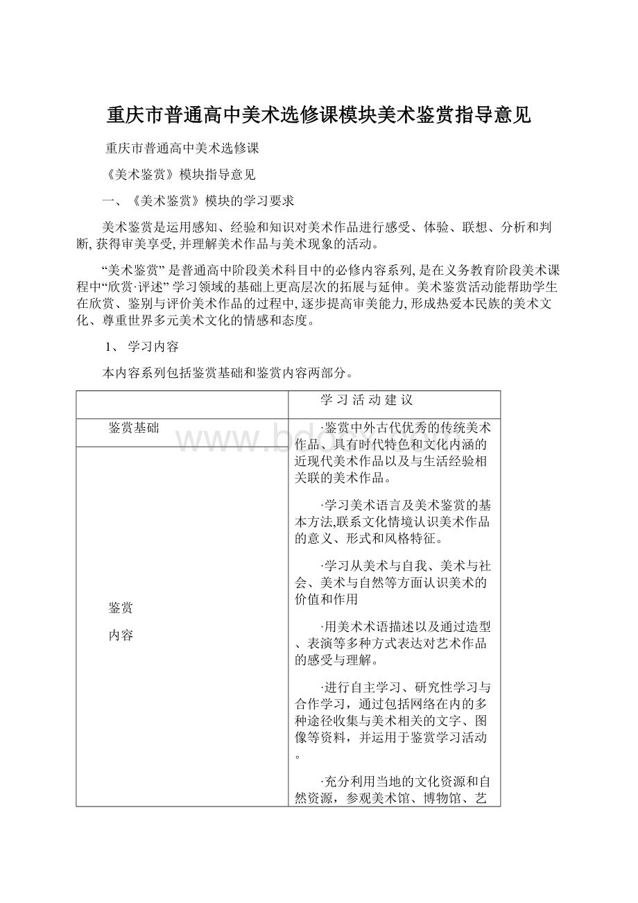 重庆市普通高中美术选修课模块美术鉴赏指导意见.docx_第1页