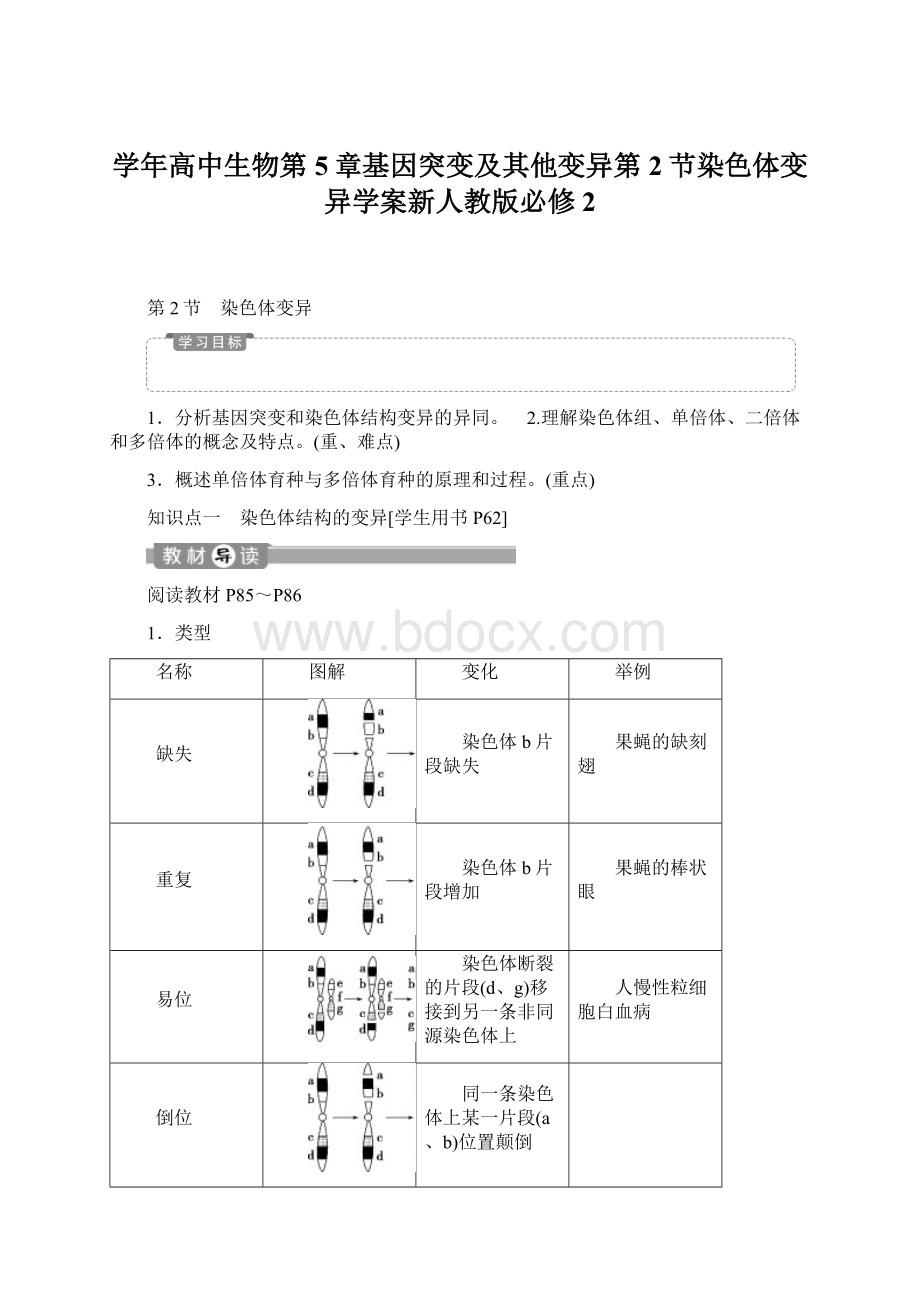 学年高中生物第5章基因突变及其他变异第2节染色体变异学案新人教版必修2Word文档格式.docx