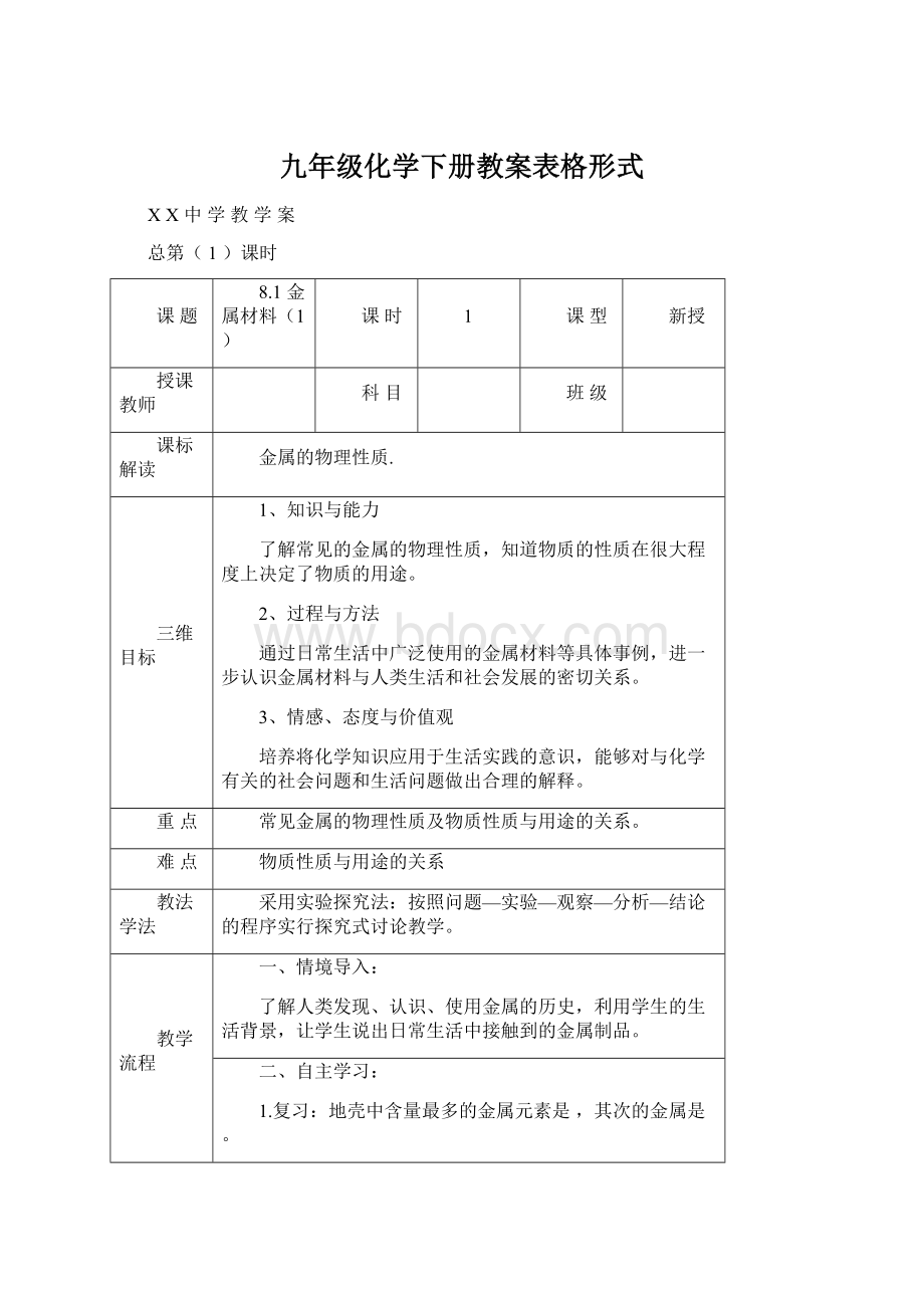 九年级化学下册教案表格形式文档格式.docx_第1页