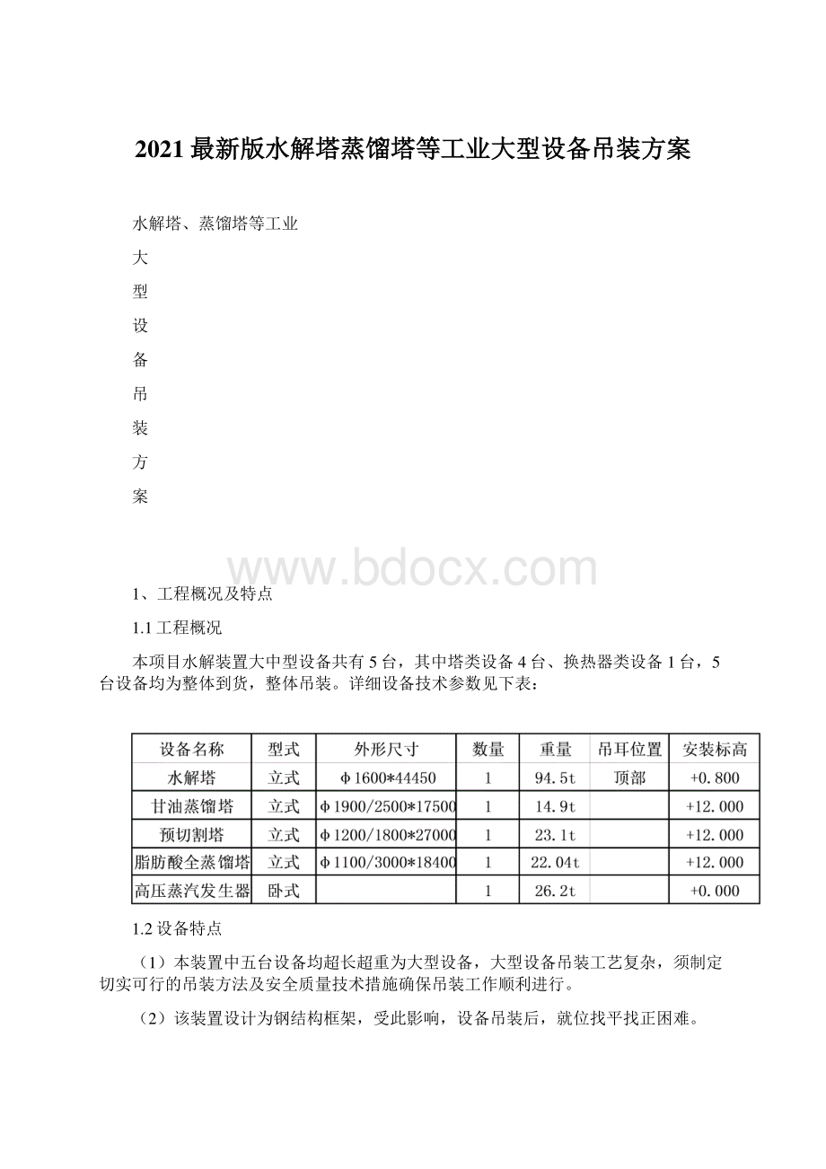 2021最新版水解塔蒸馏塔等工业大型设备吊装方案.docx_第1页