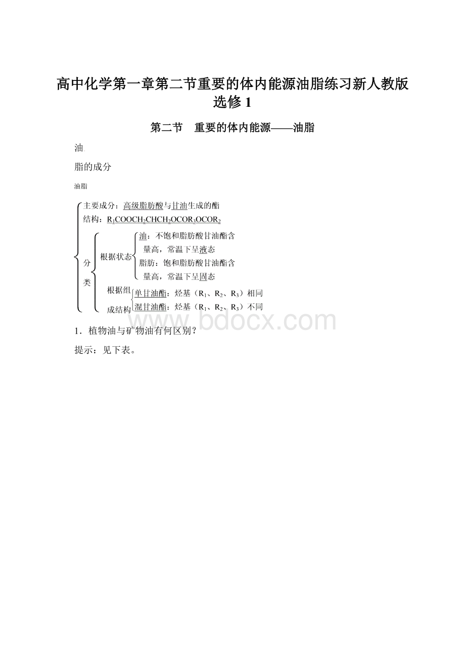 高中化学第一章第二节重要的体内能源油脂练习新人教版选修1文档格式.docx_第1页