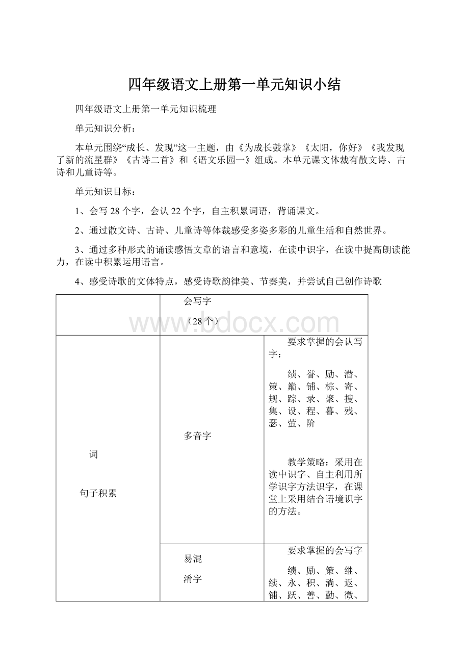 四年级语文上册第一单元知识小结Word文档下载推荐.docx