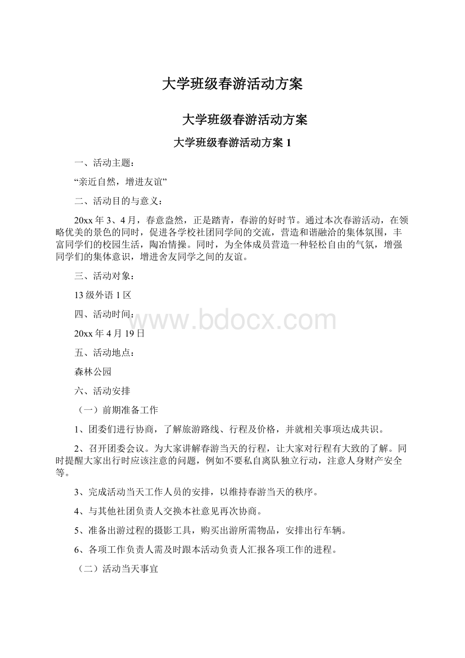 大学班级春游活动方案Word格式.docx