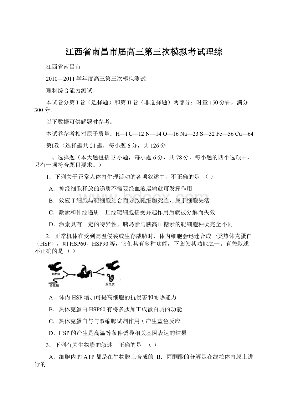 江西省南昌市届高三第三次模拟考试理综文档格式.docx