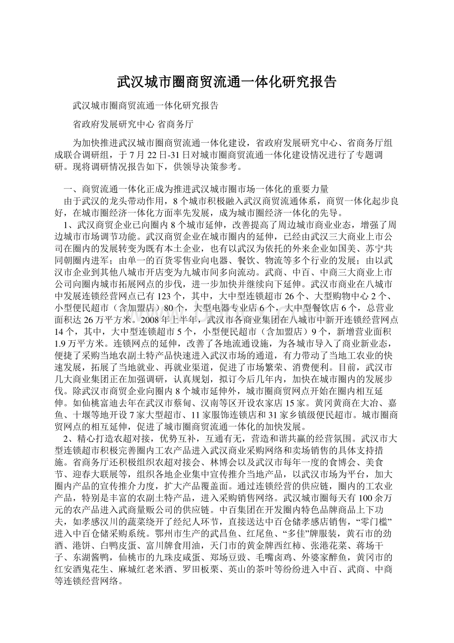 武汉城市圈商贸流通一体化研究报告Word文件下载.docx_第1页