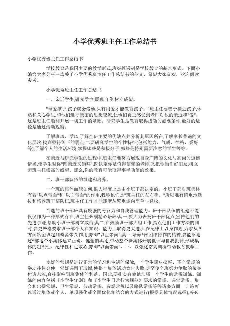 小学优秀班主任工作总结书.docx