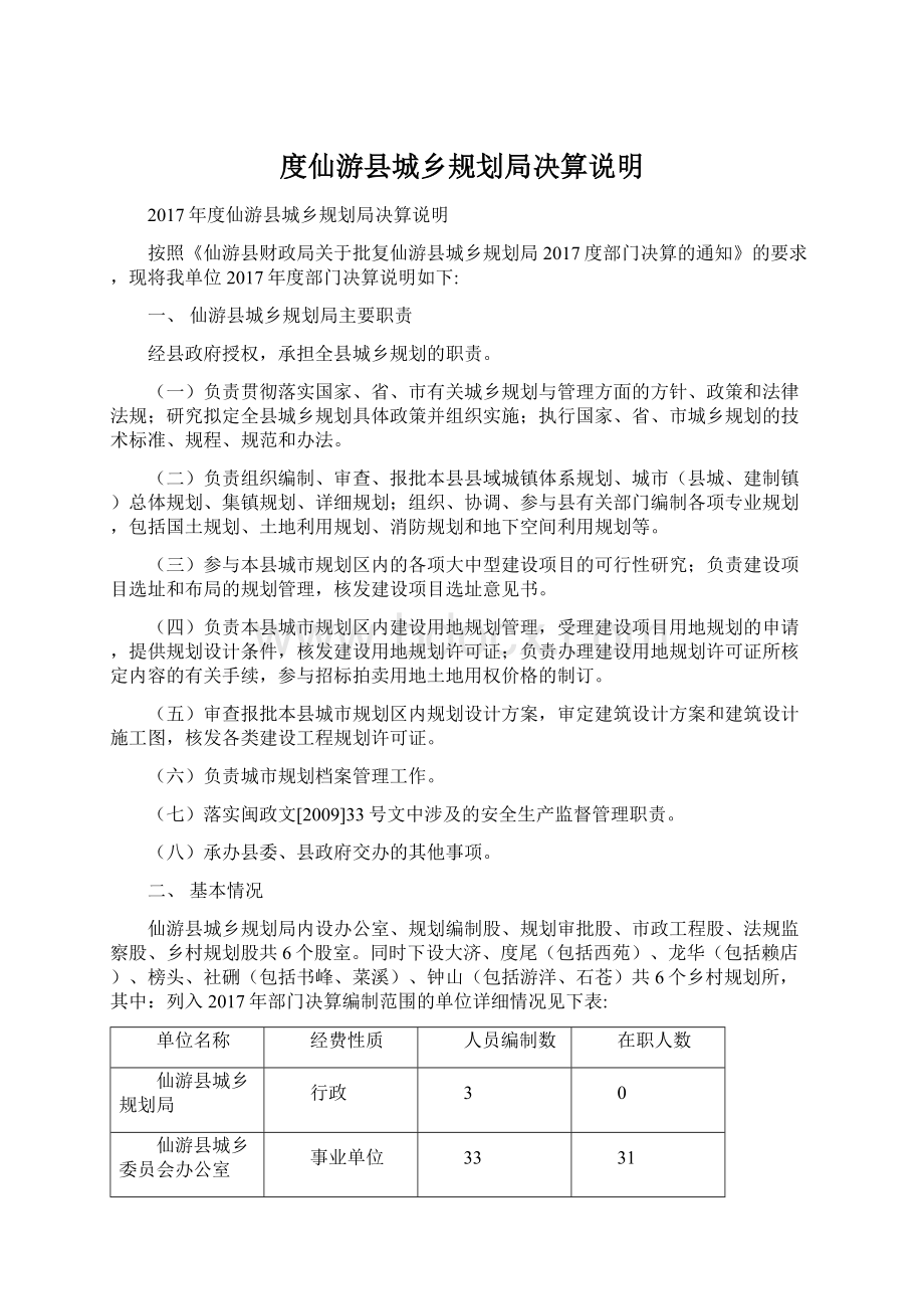 度仙游县城乡规划局决算说明Word文档格式.docx