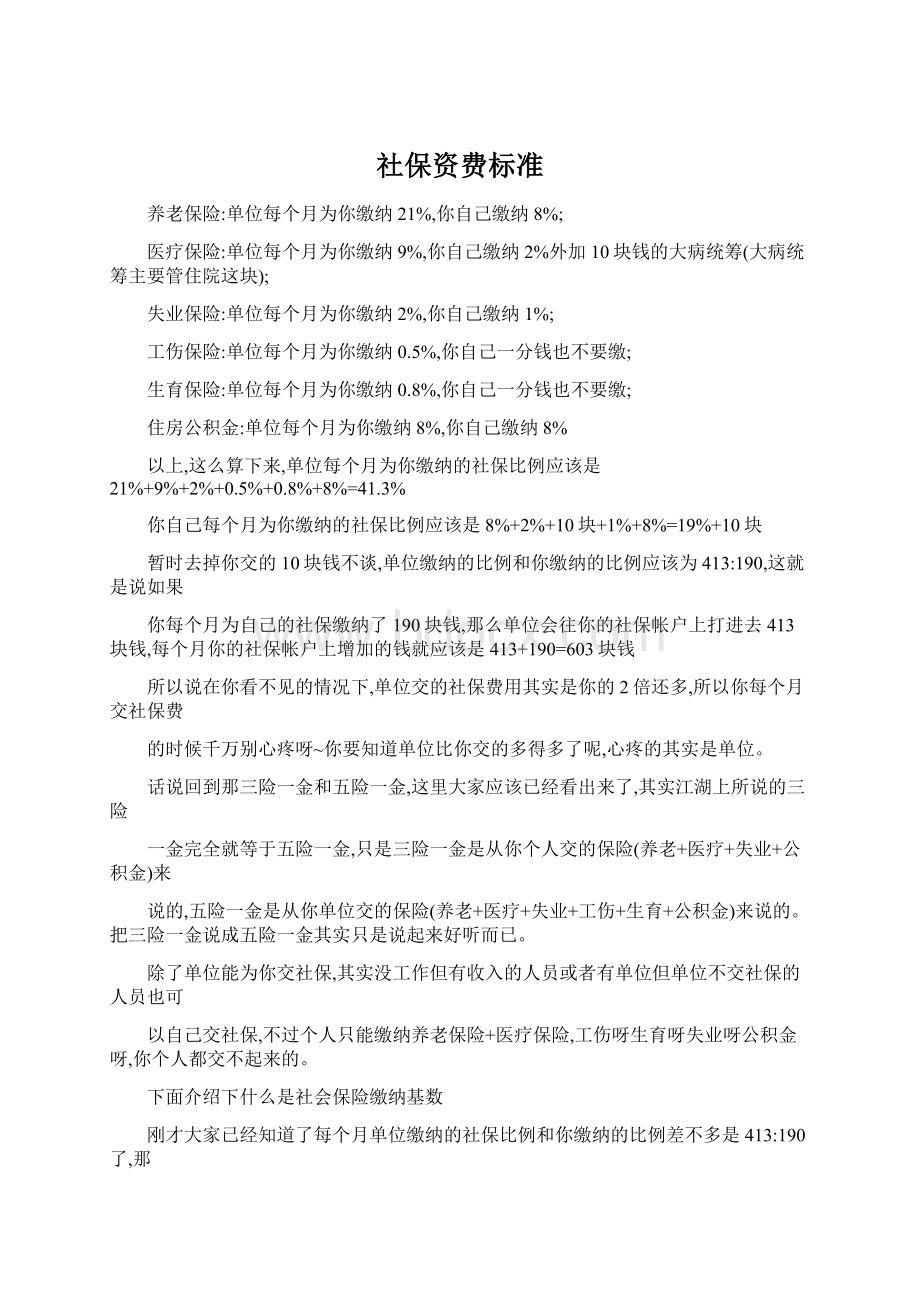 社保资费标准Word文档格式.docx_第1页