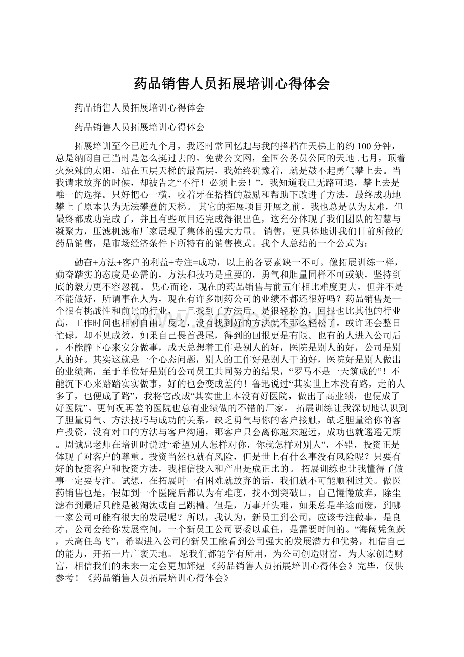 药品销售人员拓展培训心得体会Word文档格式.docx