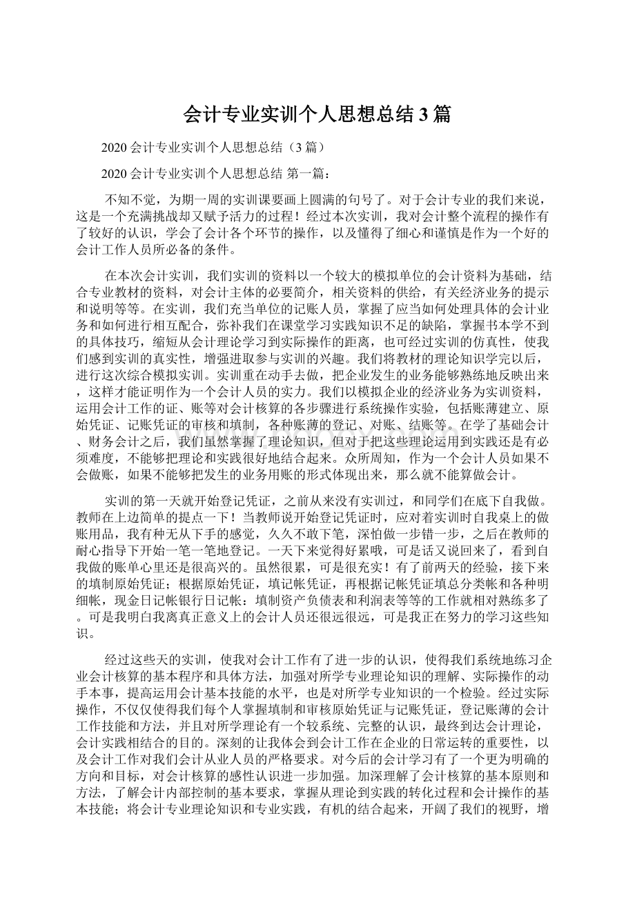 会计专业实训个人思想总结3篇Word格式.docx