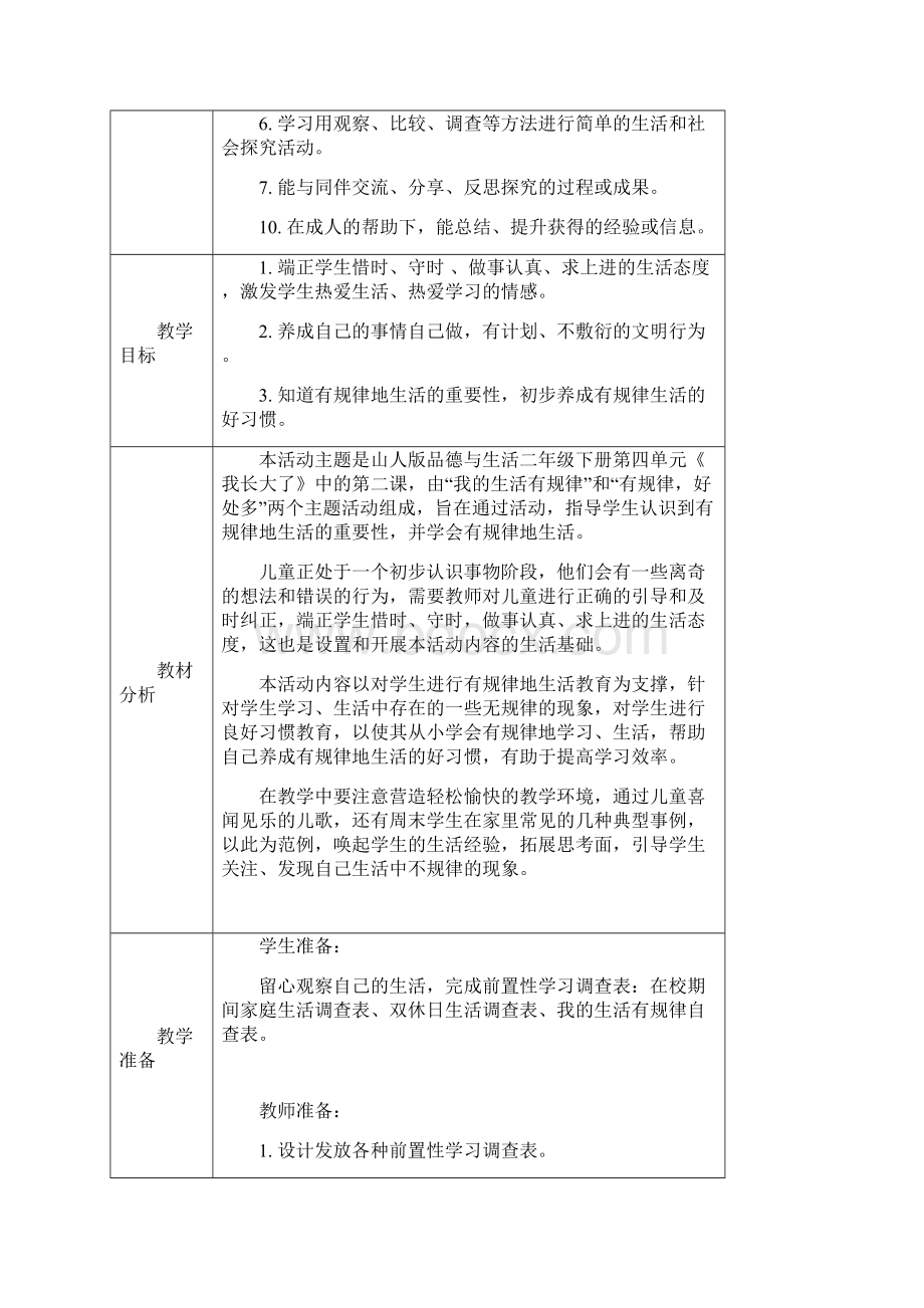 小学二年品德与生活下册《有规律地生活》教案Word格式文档下载.docx_第2页